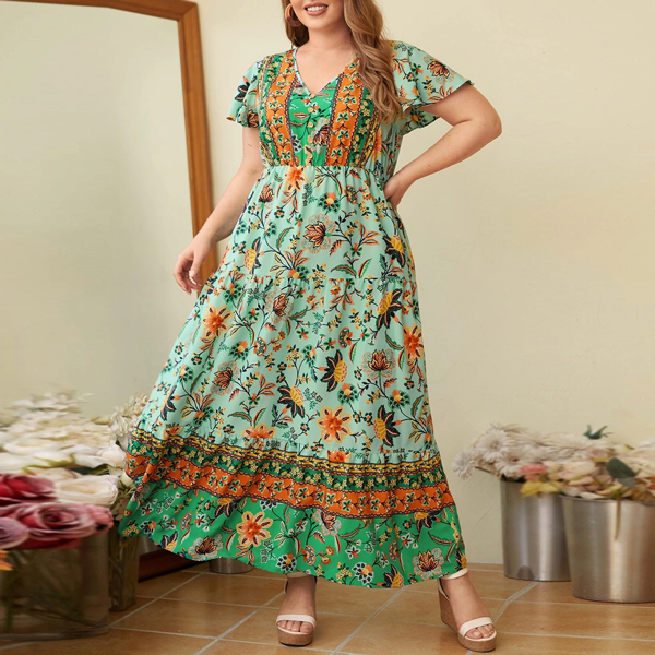 Tropical Blossom – Boho Floral Print V-Neck Maxi Dress for Women 1779