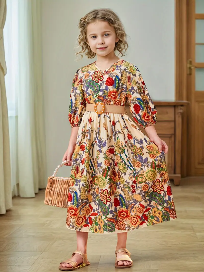Elegant Floral Full-Sleeve Fit & Flare Gown for Girls - Princess Flower Party Dress 1768
