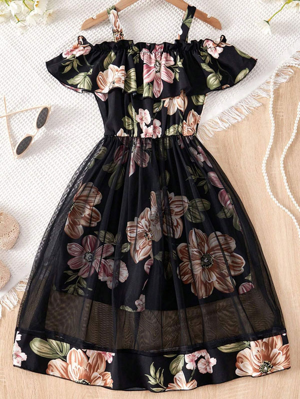 Flower Gown Elegant Floral Fit & Flare Cold Shoulder Ruffle Trim Contrast Mesh Party Dress For Baby Girls 1730